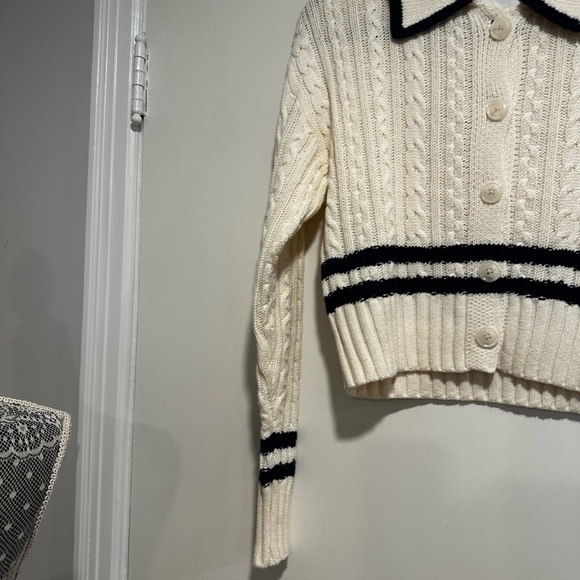 NWT Pink Rose Preppy Cream & Navy  Cable Knit Collared Cardigan. Ribbed Hem XS. - Picture 9 of 15